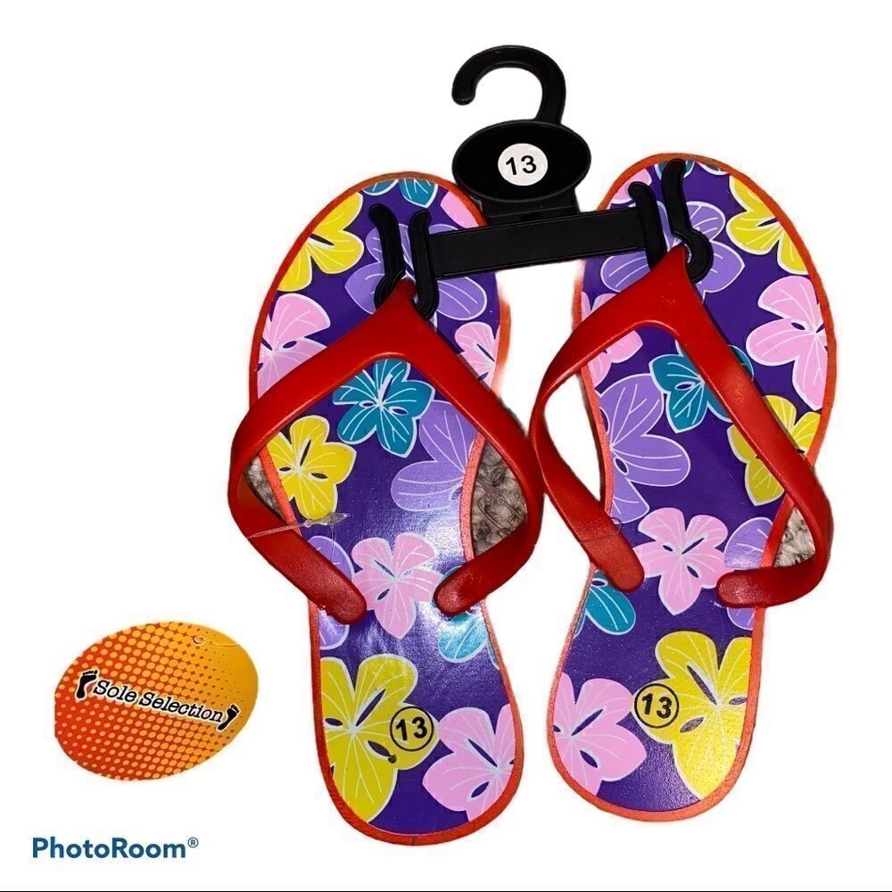 Sole Selection Red Tropical Floral Flip Flops NWT